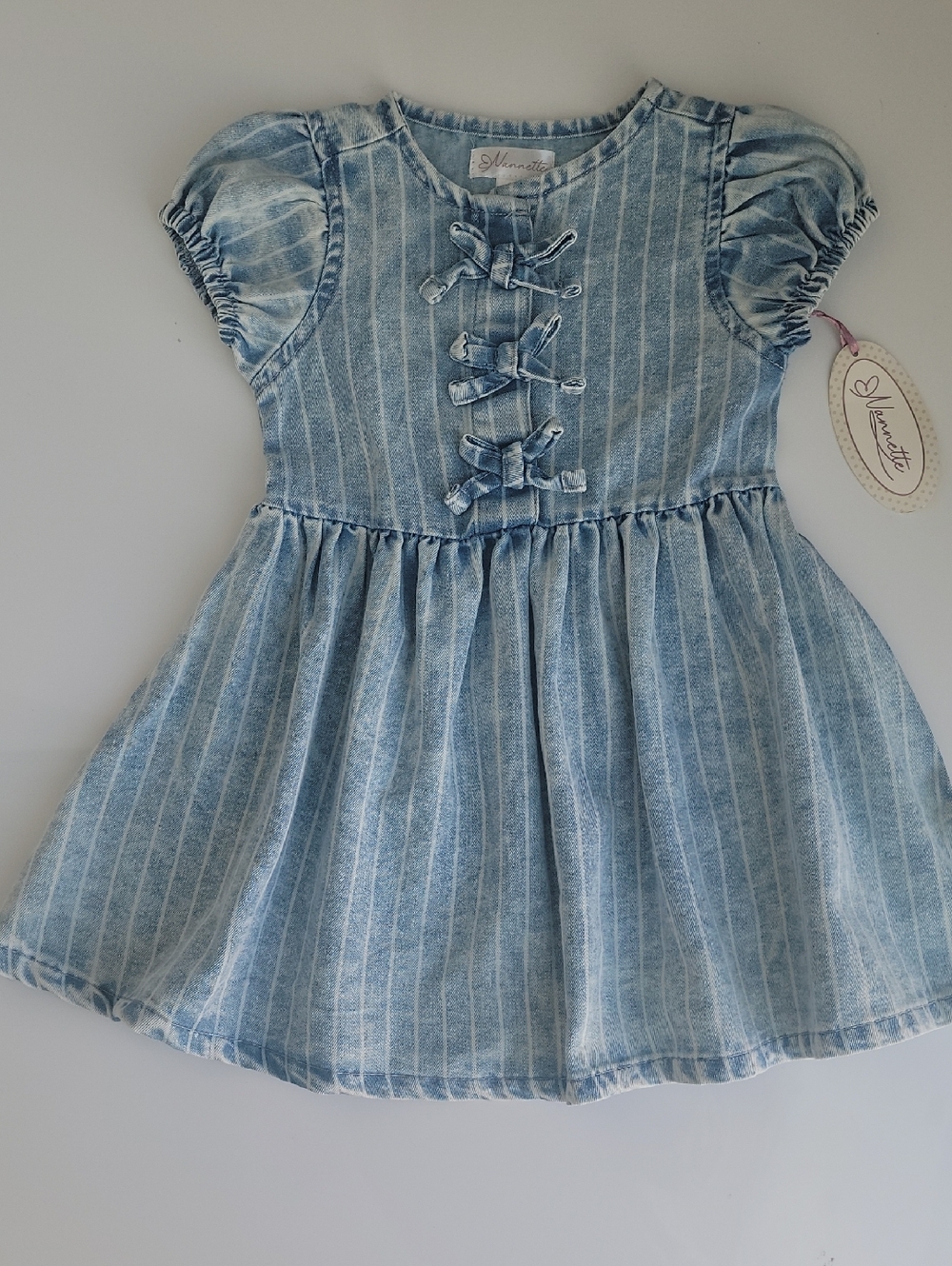 Nannette Light Blue & White Striped Denim Dress, Front Bow Accents, puff sleeves